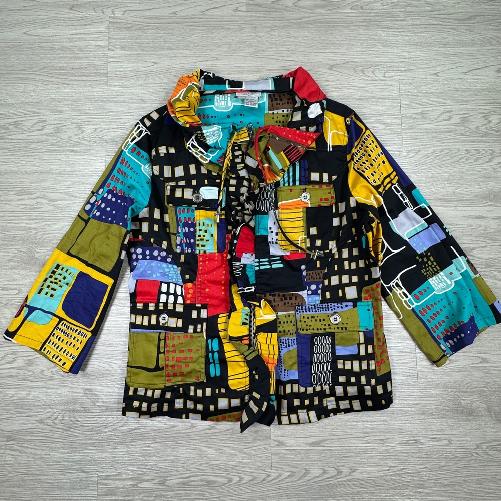 Just B Women's Jacket Abstract City Print Full Zip Multicolor Lg Drawstring Neck